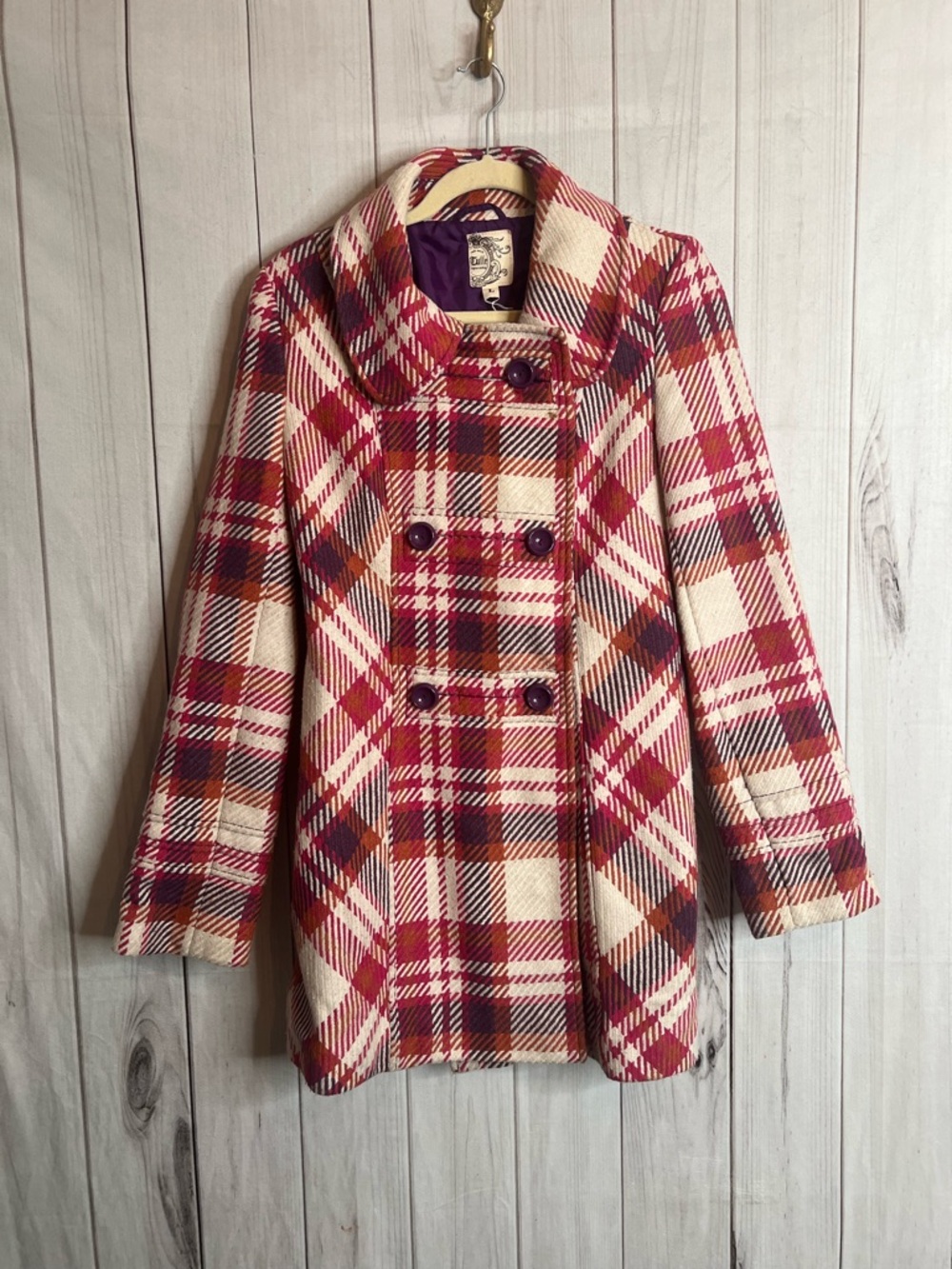Tulle Red and Cream Plaid Double-Breasted Peacoat